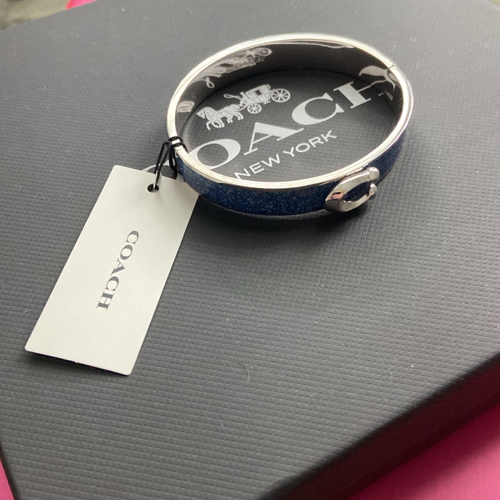 Coach Silver tone & Blue Glitter Hinged Bangle Bracelet NWT - Picture 2 of 7